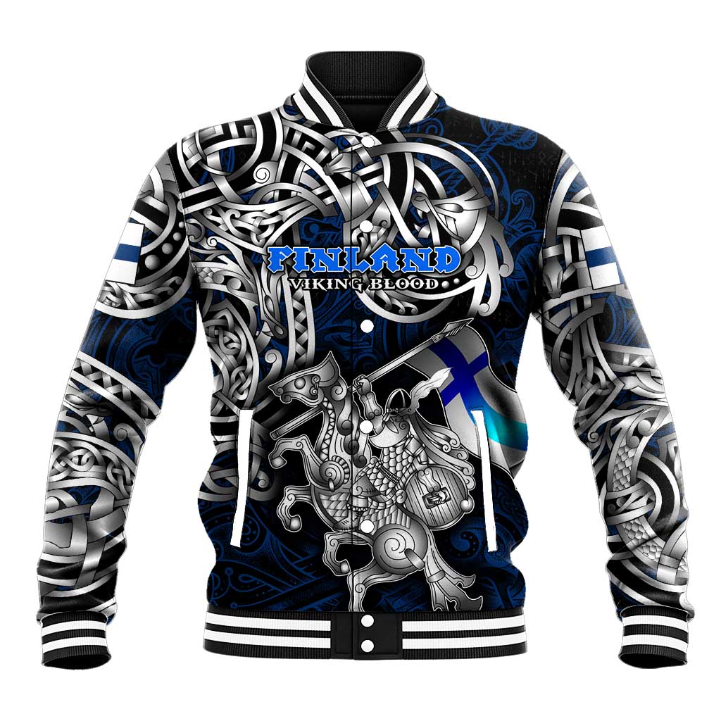 Personalized Finland Viking Blood Baseball Jacket Nordic Runes and Shield of Ancestry in Tribal Knotwork