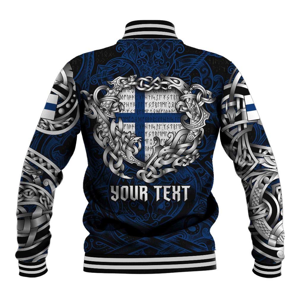 Personalized Finland Viking Blood Baseball Jacket Nordic Runes and Shield of Ancestry in Tribal Knotwork