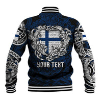 Personalized Finland Viking Blood Baseball Jacket Nordic Runes and Shield of Ancestry in Tribal Knotwork