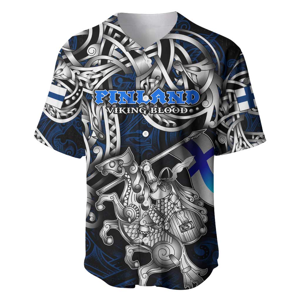Personalized Finland Viking Blood Baseball Jersey Nordic Runes and Shield of Ancestry in Tribal Knotwork