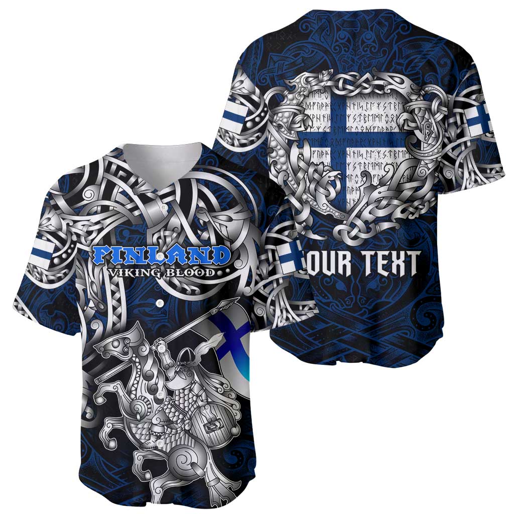 Personalized Finland Viking Blood Baseball Jersey Nordic Runes and Shield of Ancestry in Tribal Knotwork