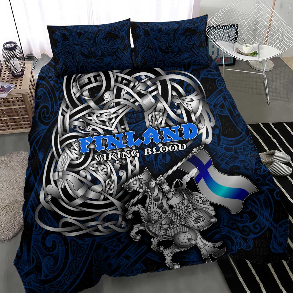 Finland Viking Blood Bedding Set Nordic Runes and Shield of Ancestry in Tribal Knotwork