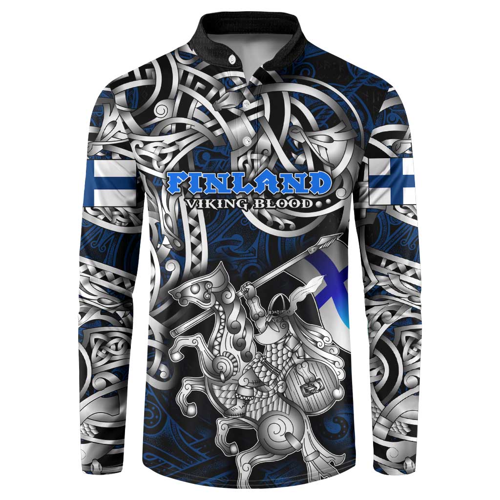 Personalized Finland Viking Blood Button Sweatshirt Nordic Runes and Shield of Ancestry in Tribal Knotwork