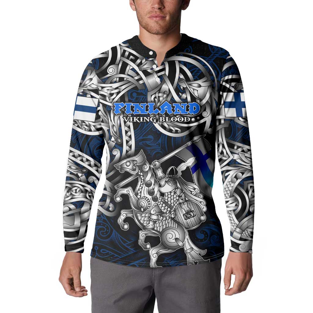 Personalized Finland Viking Blood Button Sweatshirt Nordic Runes and Shield of Ancestry in Tribal Knotwork