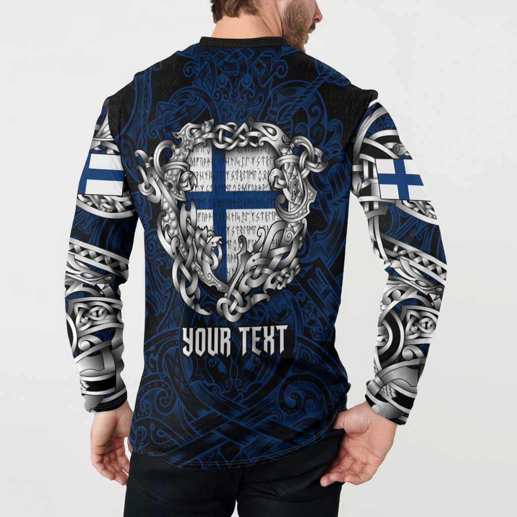 Personalized Finland Viking Blood Button Sweatshirt Nordic Runes and Shield of Ancestry in Tribal Knotwork