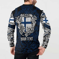 Personalized Finland Viking Blood Button Sweatshirt Nordic Runes and Shield of Ancestry in Tribal Knotwork