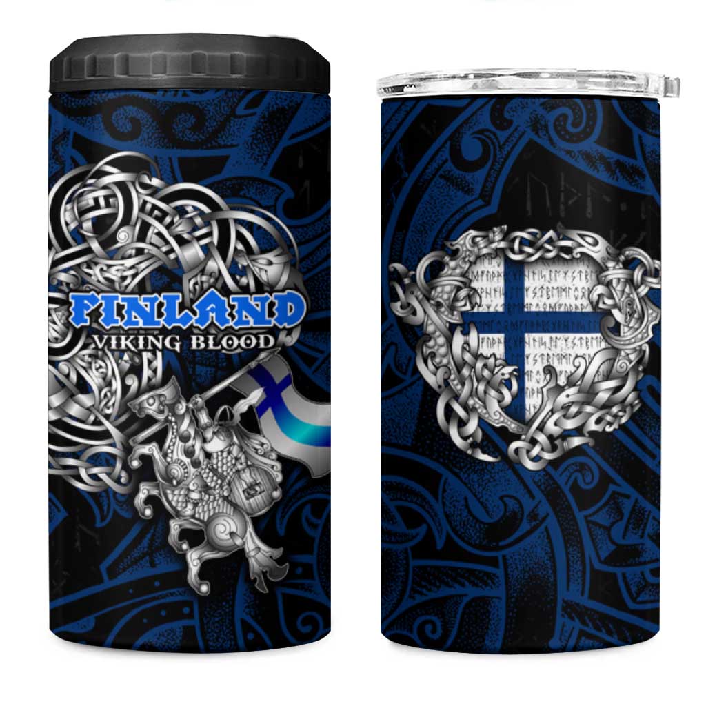 Finland Viking Blood 4 in 1 Can Cooler Tumbler Nordic Runes and Shield of Ancestry in Tribal Knotwork