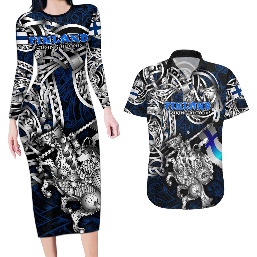 Personalized Finland Viking Blood Couples Matching Long Sleeve Bodycon Dress and Hawaiian Shirt Nordic Runes and Shield of Ancestry in Tribal Knotwork