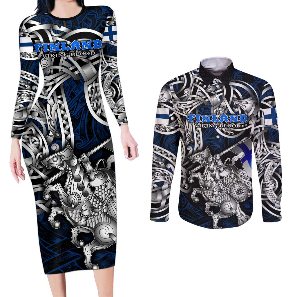 Personalized Finland Viking Blood Couples Matching Long Sleeve Bodycon Dress and Long Sleeve Button Shirt Nordic Runes and Shield of Ancestry in Tribal Knotwork