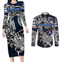 Personalized Finland Viking Blood Couples Matching Long Sleeve Bodycon Dress and Long Sleeve Button Shirt Nordic Runes and Shield of Ancestry in Tribal Knotwork
