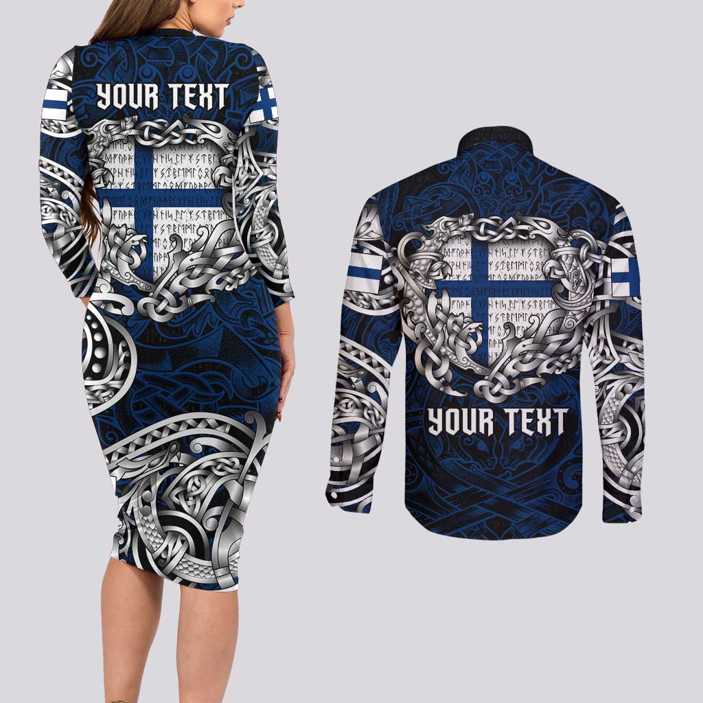 Personalized Finland Viking Blood Couples Matching Long Sleeve Bodycon Dress and Long Sleeve Button Shirt Nordic Runes and Shield of Ancestry in Tribal Knotwork