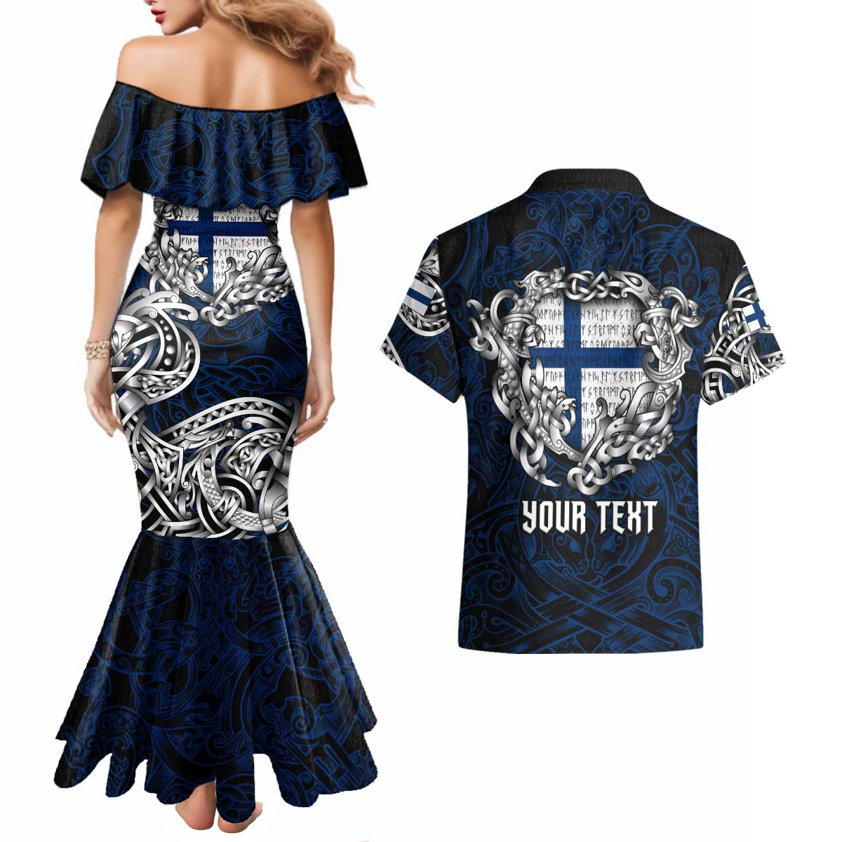 Personalized Finland Viking Blood Couples Matching Mermaid Dress and Hawaiian Shirt Nordic Runes and Shield of Ancestry in Tribal Knotwork