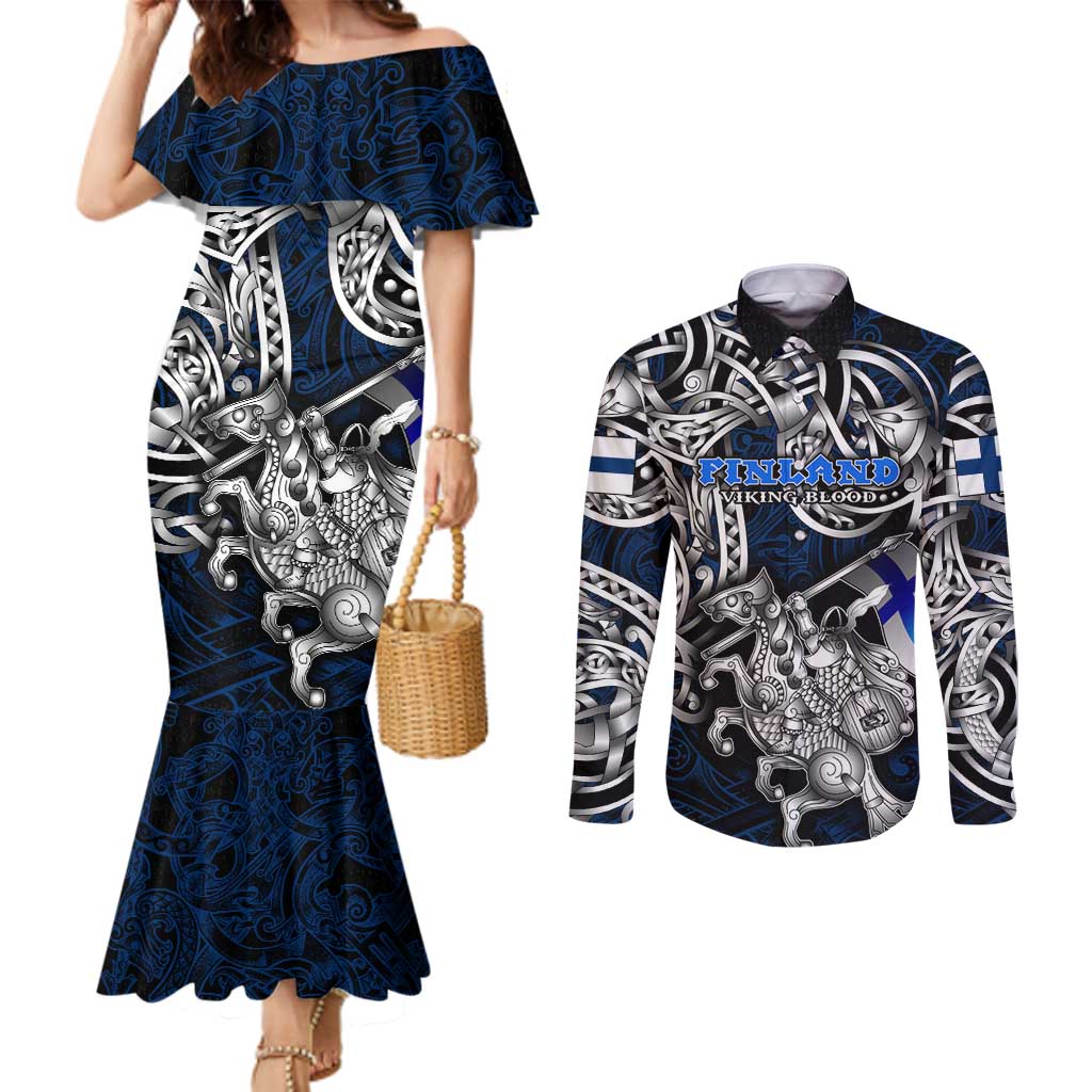 Personalized Finland Viking Blood Couples Matching Mermaid Dress and Long Sleeve Button Shirt Nordic Runes and Shield of Ancestry in Tribal Knotwork
