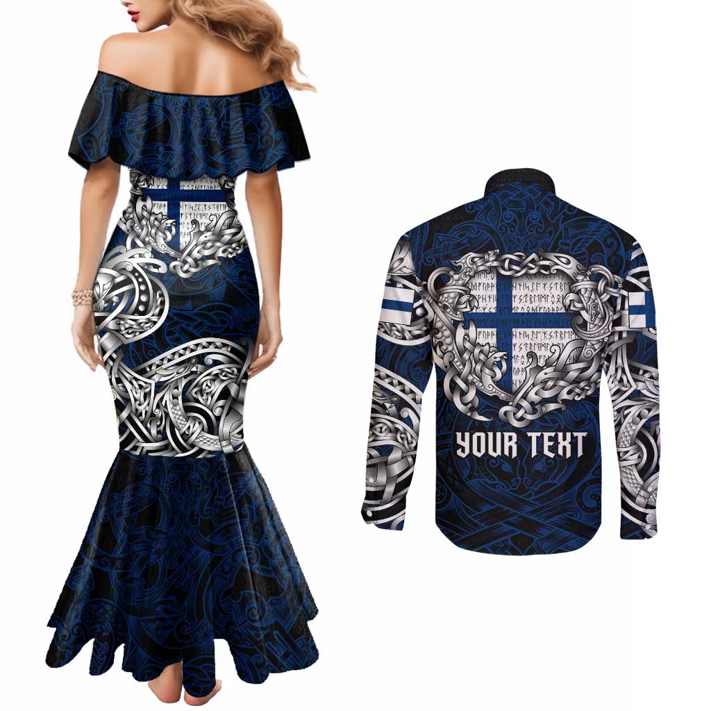 Personalized Finland Viking Blood Couples Matching Mermaid Dress and Long Sleeve Button Shirt Nordic Runes and Shield of Ancestry in Tribal Knotwork