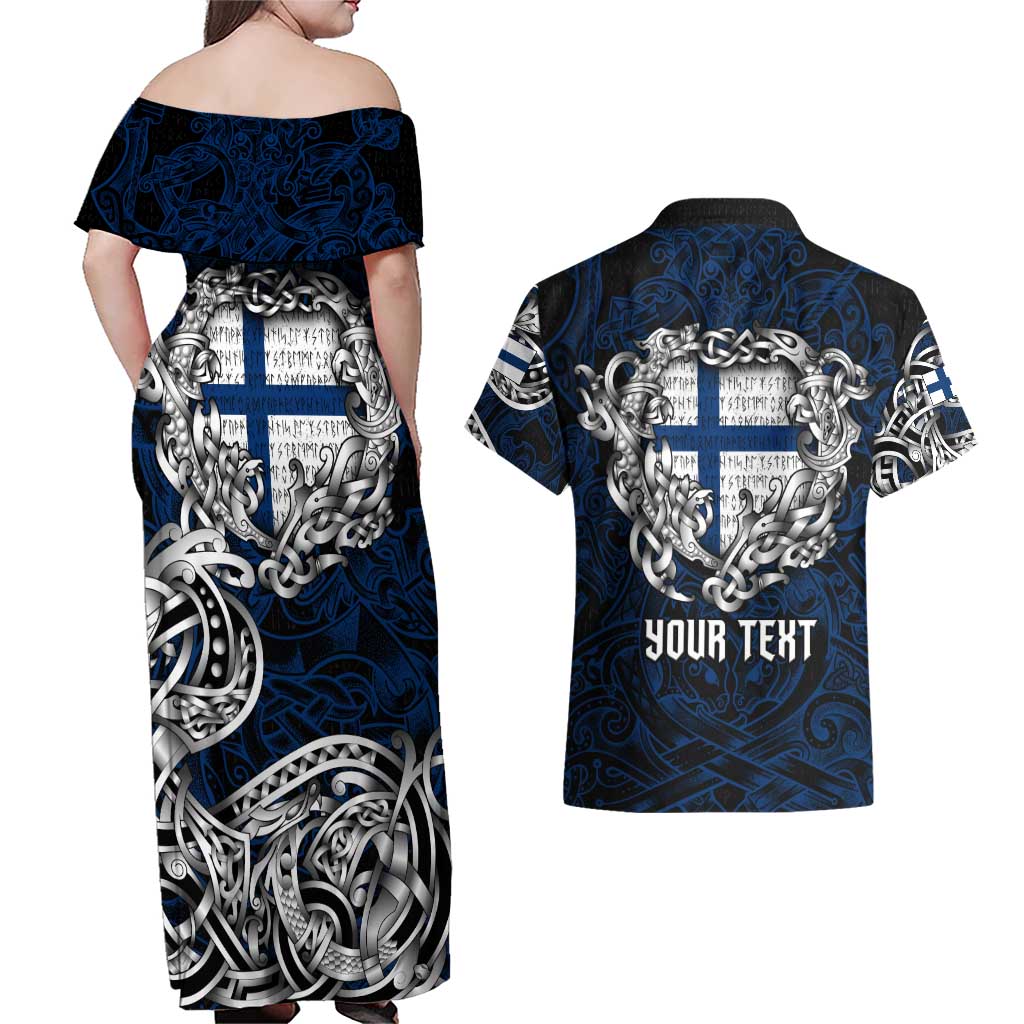 Personalized Finland Viking Blood Couples Matching Off Shoulder Maxi Dress and Hawaiian Shirt Nordic Runes and Shield of Ancestry in Tribal Knotwork