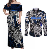 Personalized Finland Viking Blood Couples Matching Off Shoulder Maxi Dress and Long Sleeve Button Shirt Nordic Runes and Shield of Ancestry in Tribal Knotwork