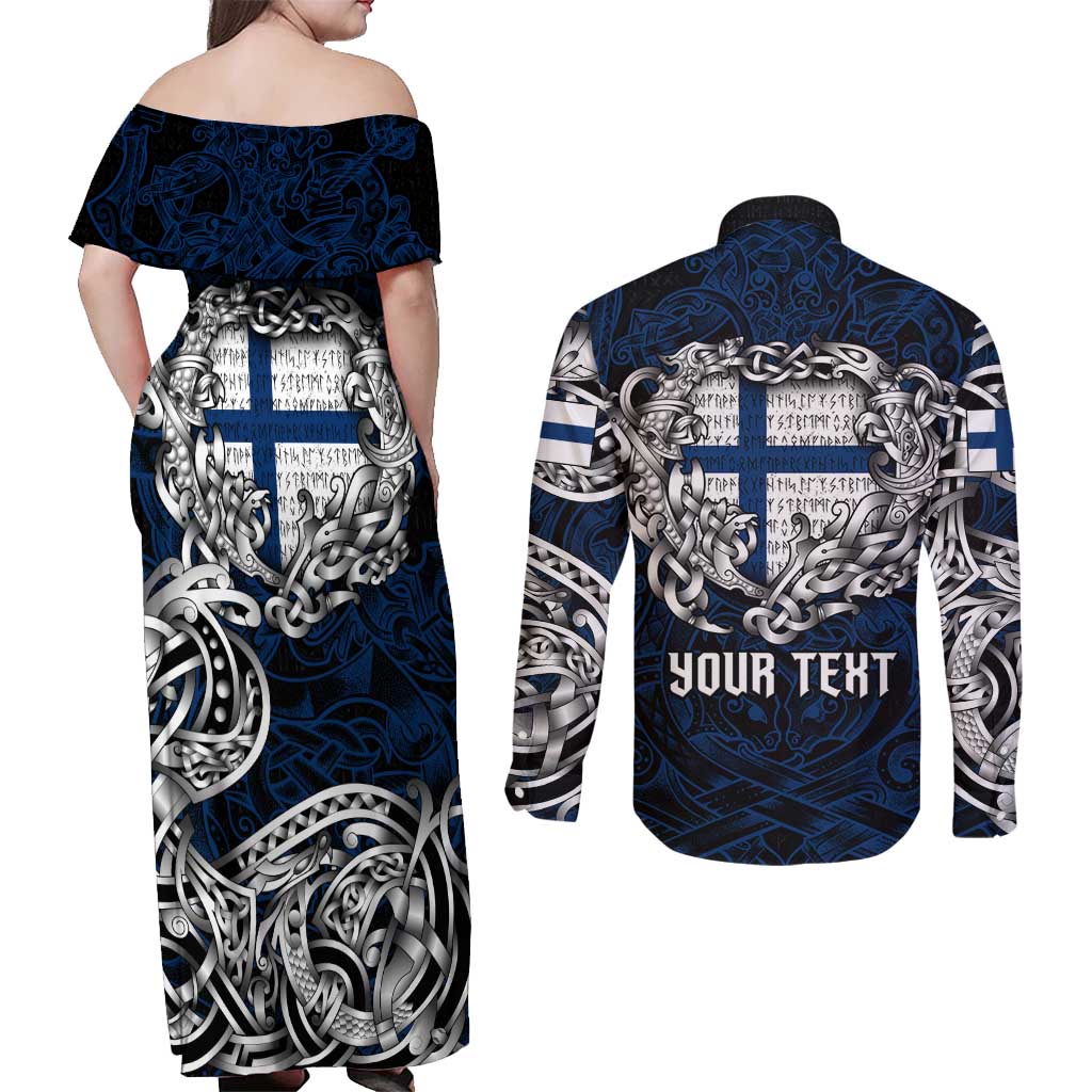 Personalized Finland Viking Blood Couples Matching Off Shoulder Maxi Dress and Long Sleeve Button Shirt Nordic Runes and Shield of Ancestry in Tribal Knotwork