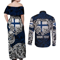 Personalized Finland Viking Blood Couples Matching Off Shoulder Maxi Dress and Long Sleeve Button Shirt Nordic Runes and Shield of Ancestry in Tribal Knotwork