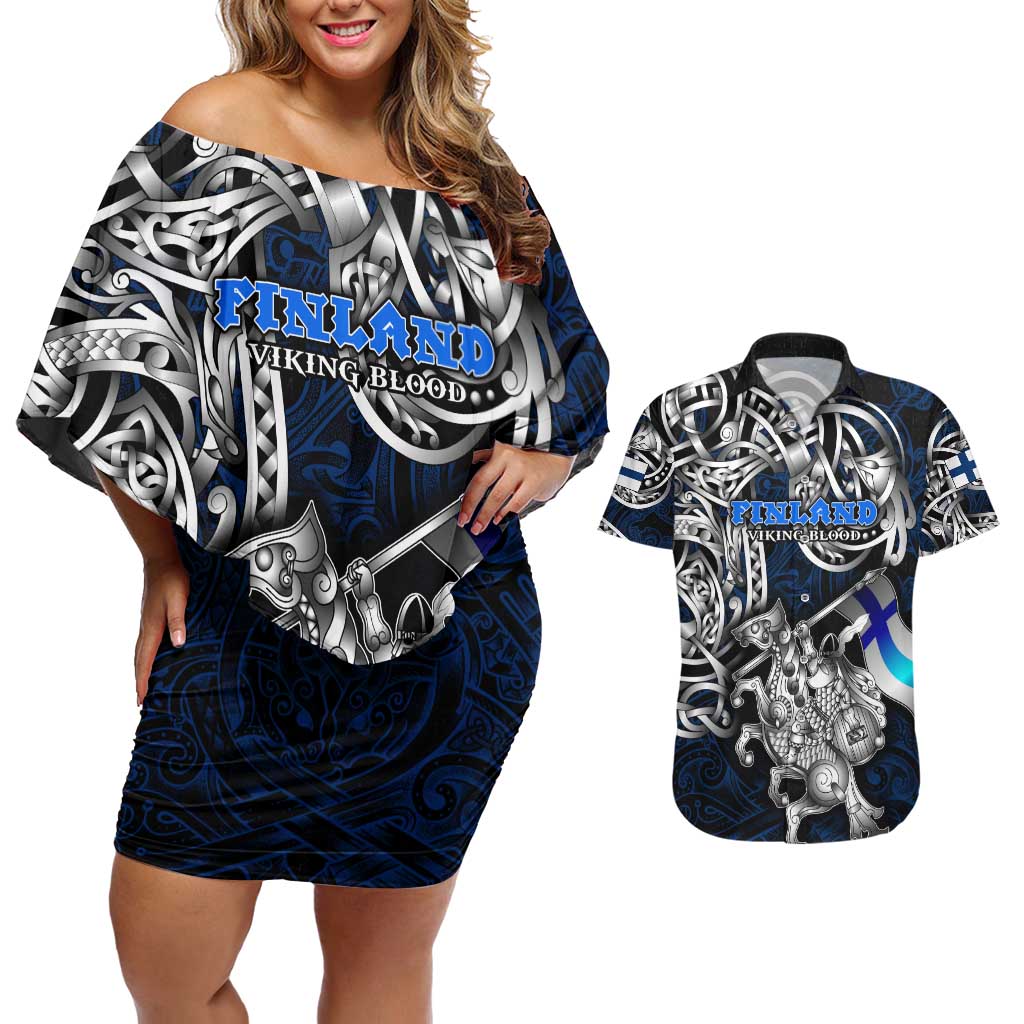 Personalized Finland Viking Blood Couples Matching Off Shoulder Short Dress and Hawaiian Shirt Nordic Runes and Shield of Ancestry in Tribal Knotwork