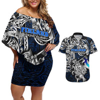 Personalized Finland Viking Blood Couples Matching Off Shoulder Short Dress and Hawaiian Shirt Nordic Runes and Shield of Ancestry in Tribal Knotwork