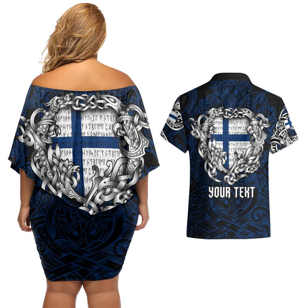 Personalized Finland Viking Blood Couples Matching Off Shoulder Short Dress and Hawaiian Shirt Nordic Runes and Shield of Ancestry in Tribal Knotwork