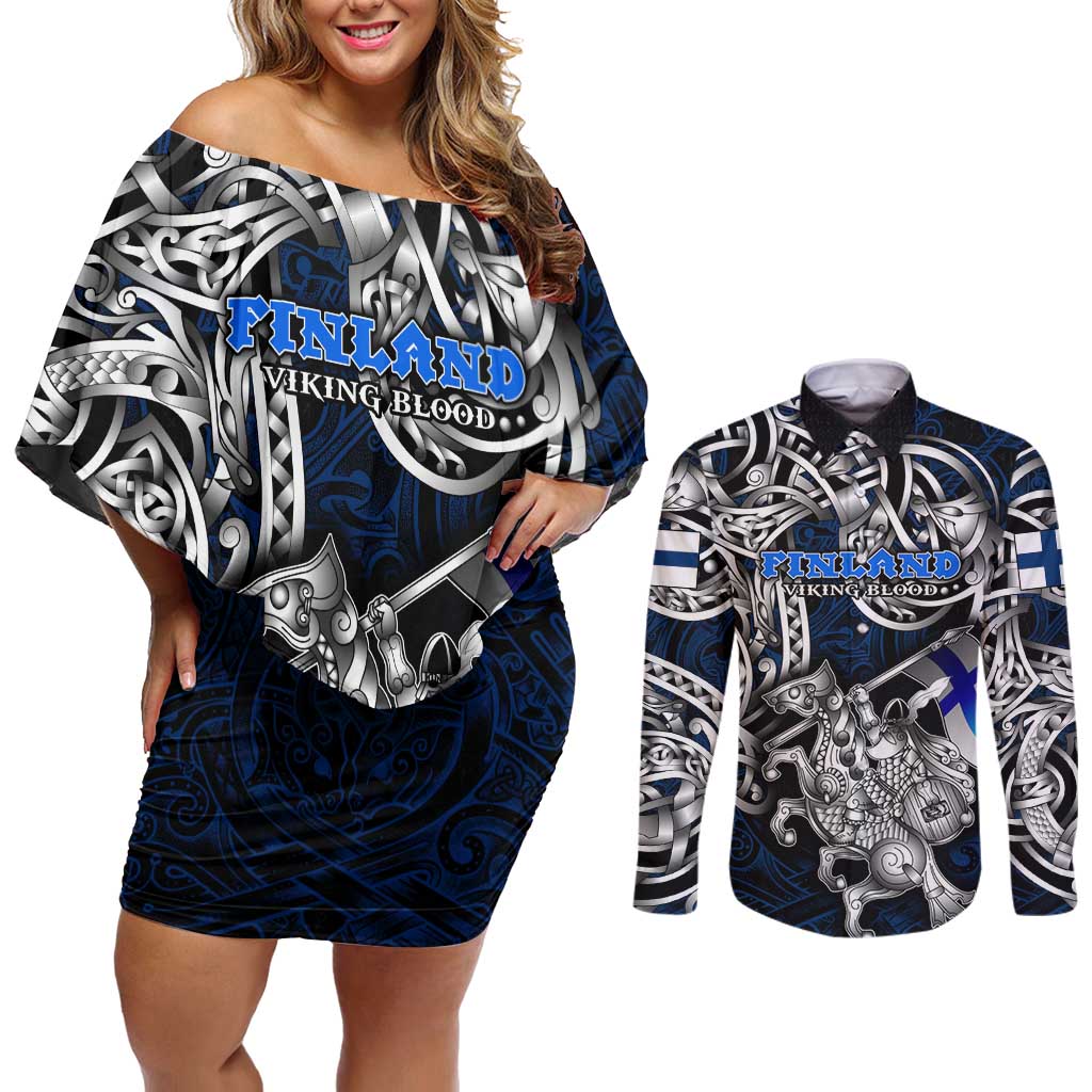 Personalized Finland Viking Blood Couples Matching Off Shoulder Short Dress and Long Sleeve Button Shirt Nordic Runes and Shield of Ancestry in Tribal Knotwork