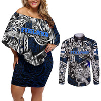 Personalized Finland Viking Blood Couples Matching Off Shoulder Short Dress and Long Sleeve Button Shirt Nordic Runes and Shield of Ancestry in Tribal Knotwork