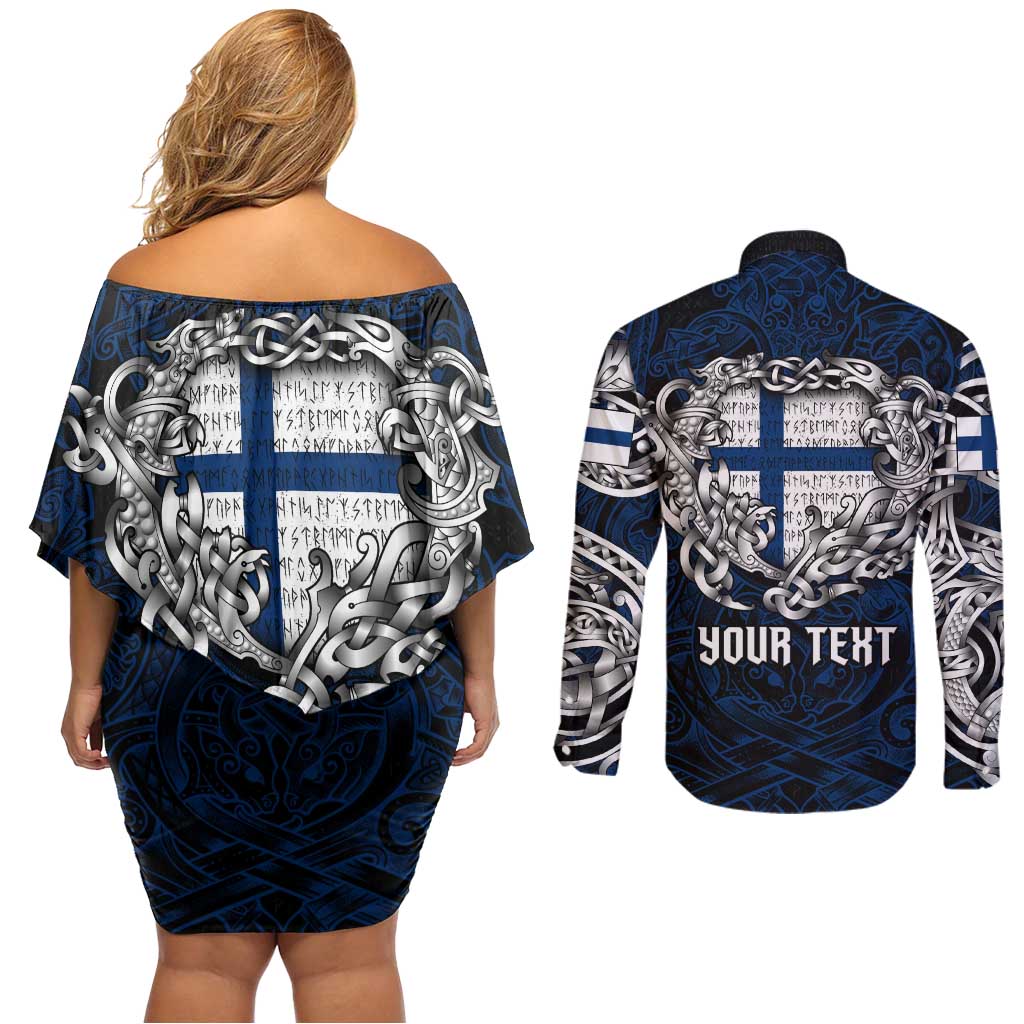 Personalized Finland Viking Blood Couples Matching Off Shoulder Short Dress and Long Sleeve Button Shirt Nordic Runes and Shield of Ancestry in Tribal Knotwork