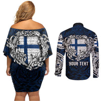 Personalized Finland Viking Blood Couples Matching Off Shoulder Short Dress and Long Sleeve Button Shirt Nordic Runes and Shield of Ancestry in Tribal Knotwork