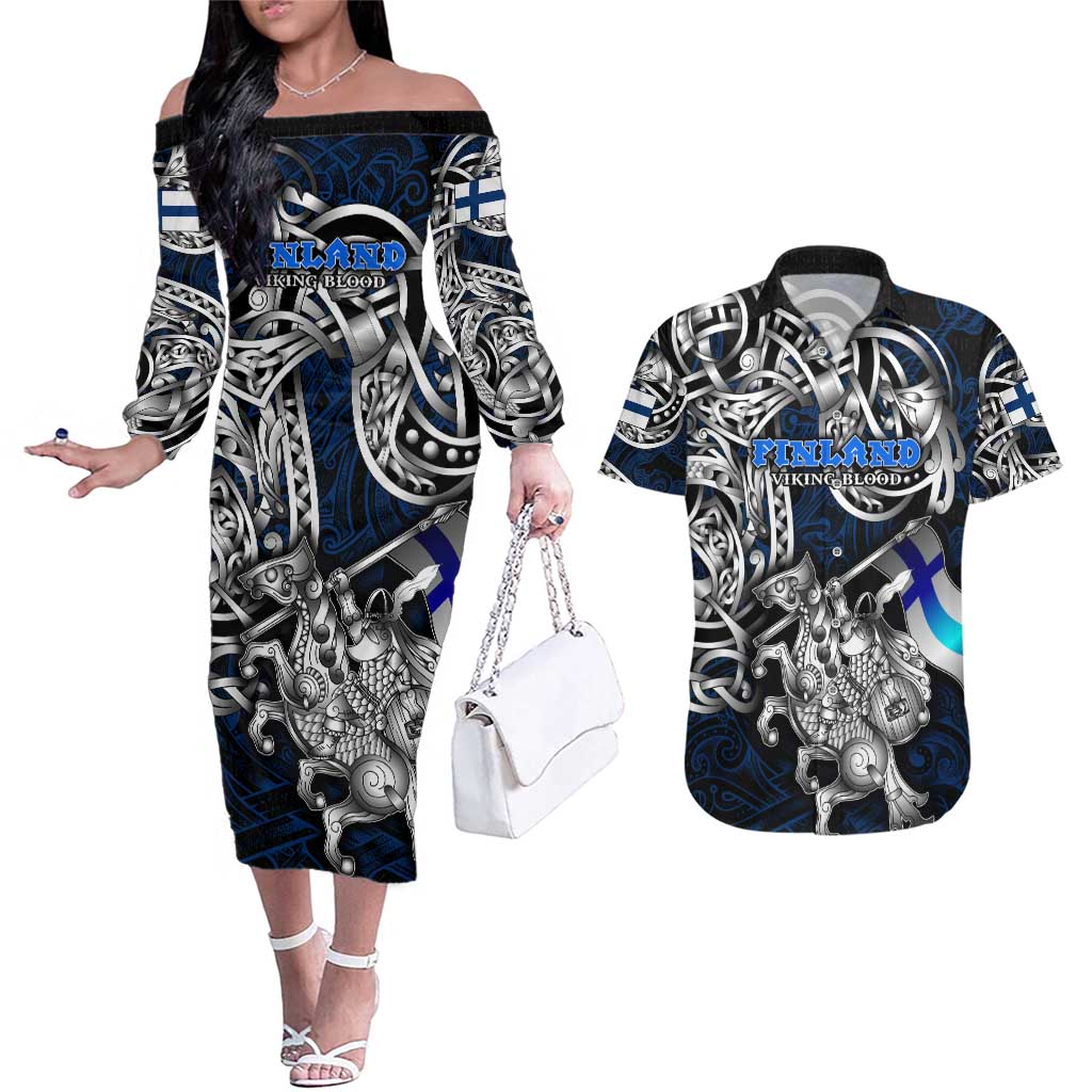 Personalized Finland Viking Blood Couples Matching Off The Shoulder Long Sleeve Dress and Hawaiian Shirt Nordic Runes and Shield of Ancestry in Tribal Knotwork