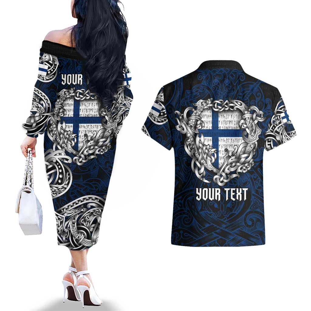 Personalized Finland Viking Blood Couples Matching Off The Shoulder Long Sleeve Dress and Hawaiian Shirt Nordic Runes and Shield of Ancestry in Tribal Knotwork