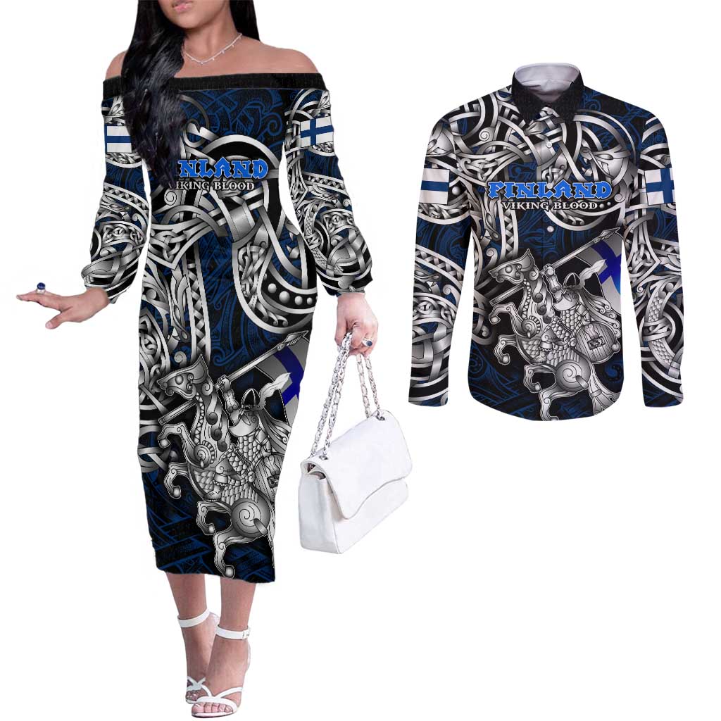 Personalized Finland Viking Blood Couples Matching Off The Shoulder Long Sleeve Dress and Long Sleeve Button Shirt Nordic Runes and Shield of Ancestry in Tribal Knotwork