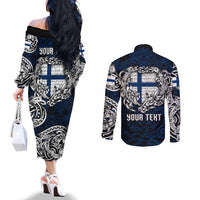 Personalized Finland Viking Blood Couples Matching Off The Shoulder Long Sleeve Dress and Long Sleeve Button Shirt Nordic Runes and Shield of Ancestry in Tribal Knotwork