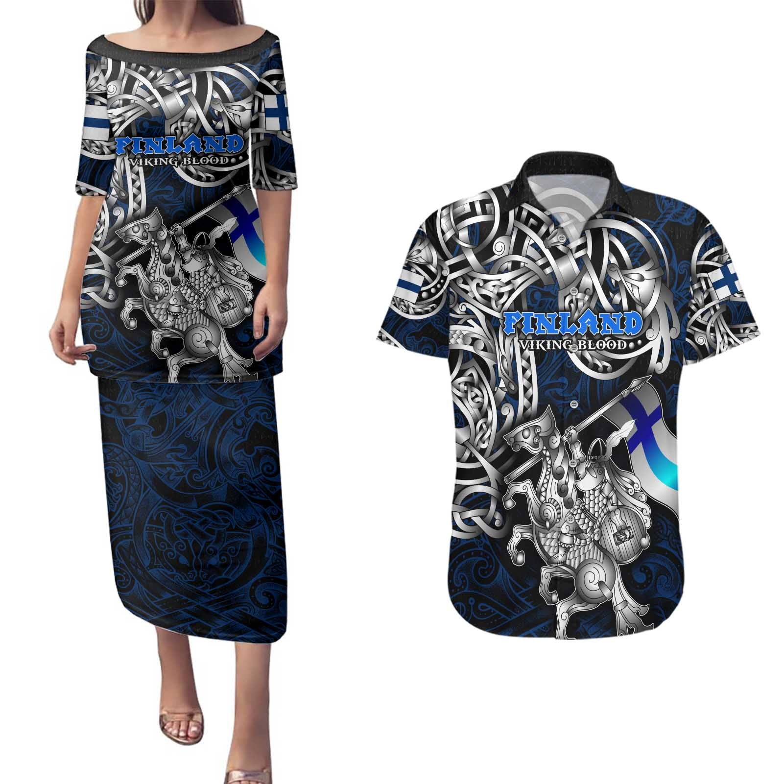 Personalized Finland Viking Blood Couples Matching Puletasi and Hawaiian Shirt Nordic Runes and Shield of Ancestry in Tribal Knotwork
