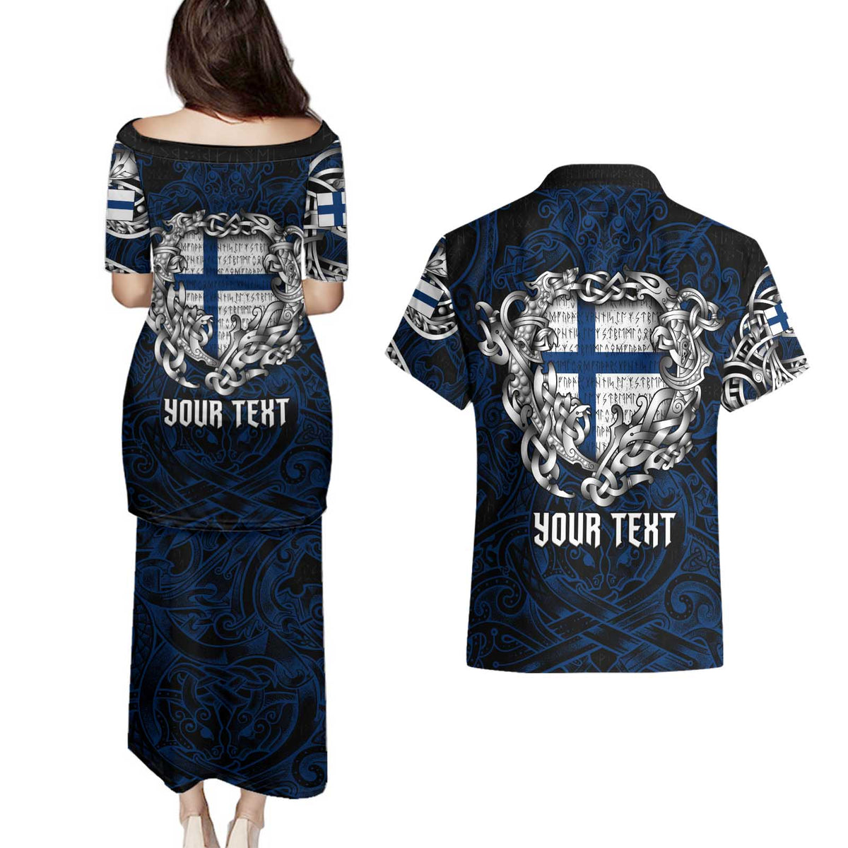 Personalized Finland Viking Blood Couples Matching Puletasi and Hawaiian Shirt Nordic Runes and Shield of Ancestry in Tribal Knotwork