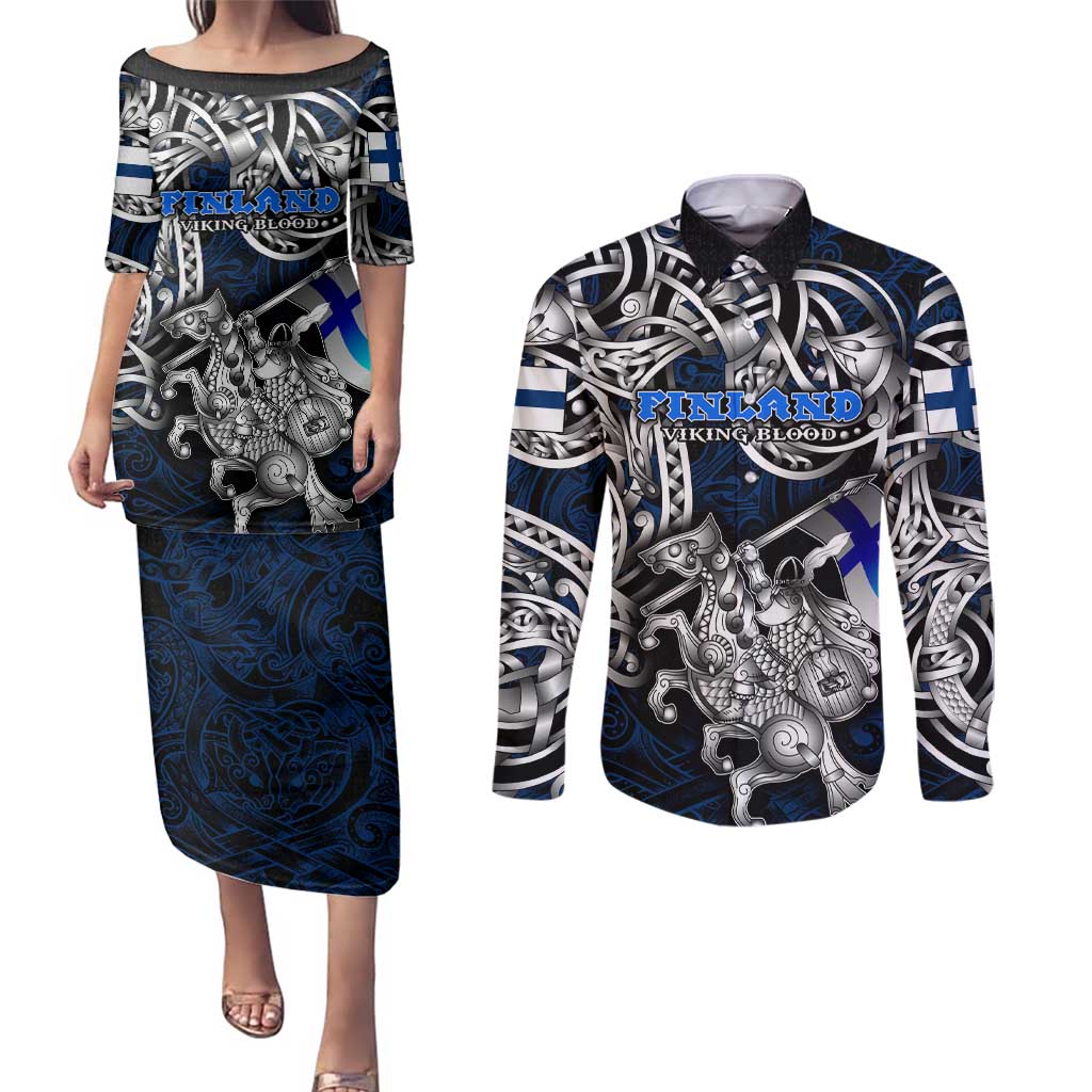 Personalized Finland Viking Blood Couples Matching Puletasi and Long Sleeve Button Shirt Nordic Runes and Shield of Ancestry in Tribal Knotwork