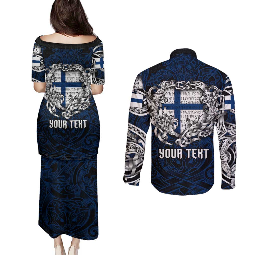 Personalized Finland Viking Blood Couples Matching Puletasi and Long Sleeve Button Shirt Nordic Runes and Shield of Ancestry in Tribal Knotwork