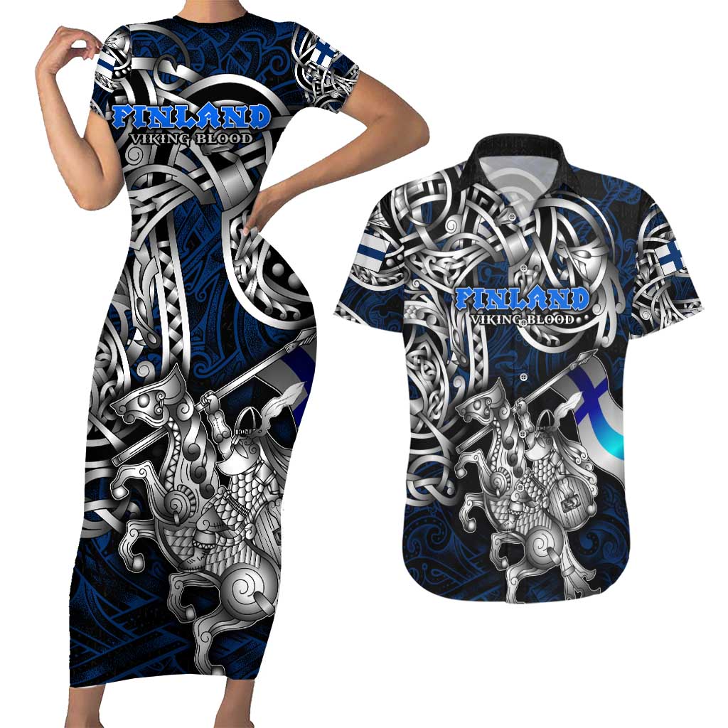 Personalized Finland Viking Blood Couples Matching Short Sleeve Bodycon Dress and Hawaiian Shirt Nordic Runes and Shield of Ancestry in Tribal Knotwork