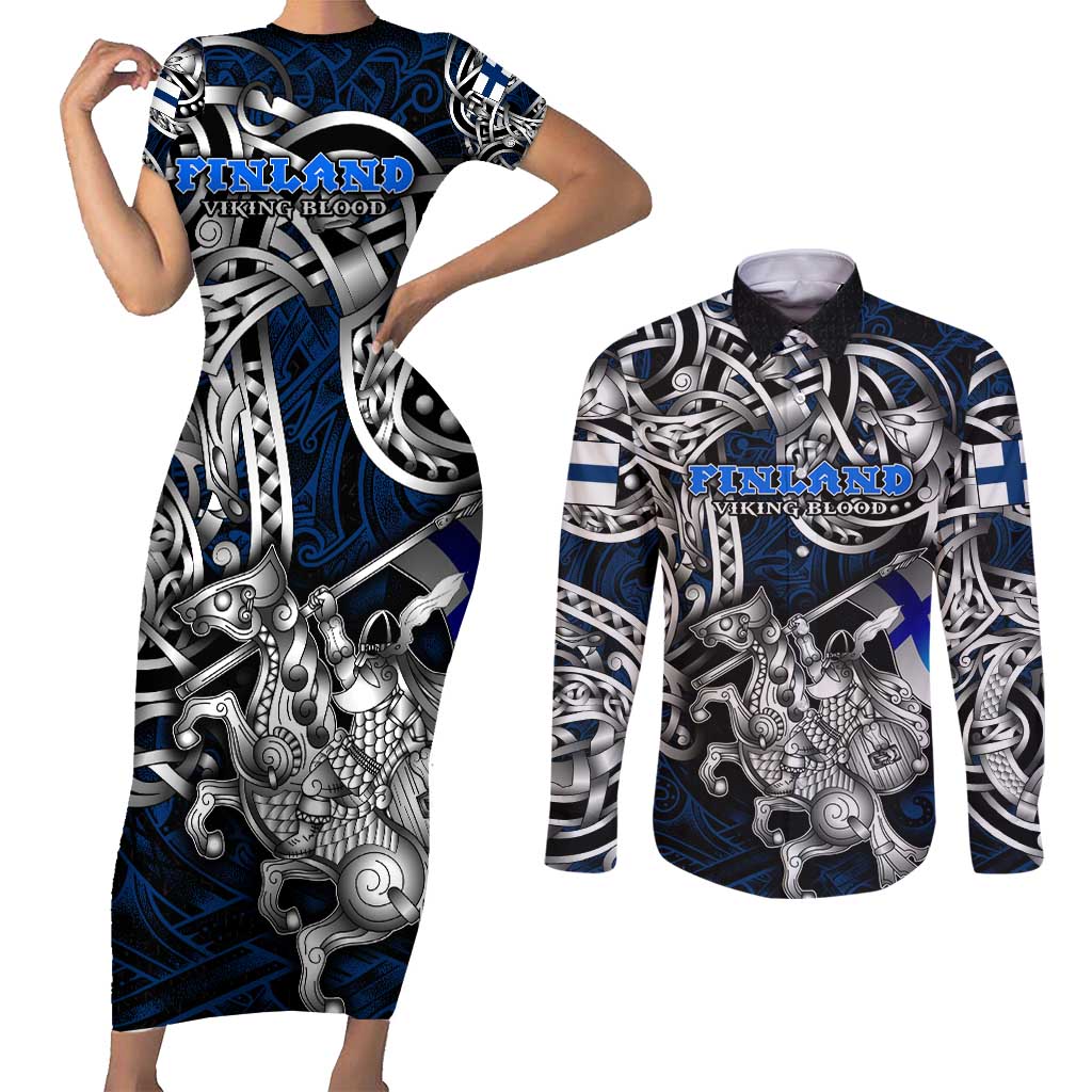 Personalized Finland Viking Blood Couples Matching Short Sleeve Bodycon Dress and Long Sleeve Button Shirt Nordic Runes and Shield of Ancestry in Tribal Knotwork