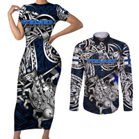 Personalized Finland Viking Blood Couples Matching Short Sleeve Bodycon Dress and Long Sleeve Button Shirt Nordic Runes and Shield of Ancestry in Tribal Knotwork