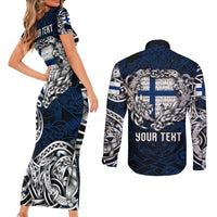 Personalized Finland Viking Blood Couples Matching Short Sleeve Bodycon Dress and Long Sleeve Button Shirt Nordic Runes and Shield of Ancestry in Tribal Knotwork