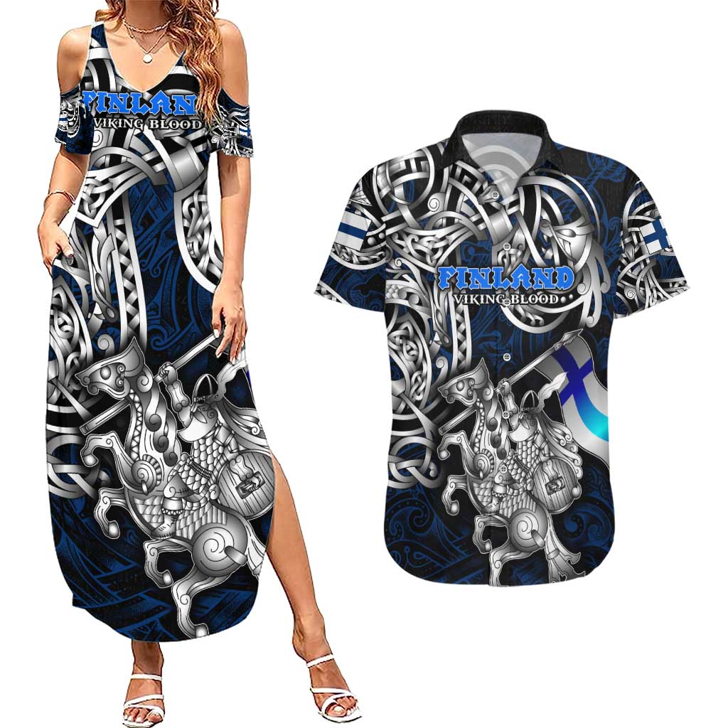 Personalized Finland Viking Blood Couples Matching Summer Maxi Dress and Hawaiian Shirt Nordic Runes and Shield of Ancestry in Tribal Knotwork