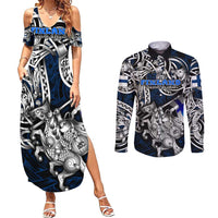 Personalized Finland Viking Blood Couples Matching Summer Maxi Dress and Long Sleeve Button Shirt Nordic Runes and Shield of Ancestry in Tribal Knotwork