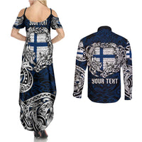 Personalized Finland Viking Blood Couples Matching Summer Maxi Dress and Long Sleeve Button Shirt Nordic Runes and Shield of Ancestry in Tribal Knotwork