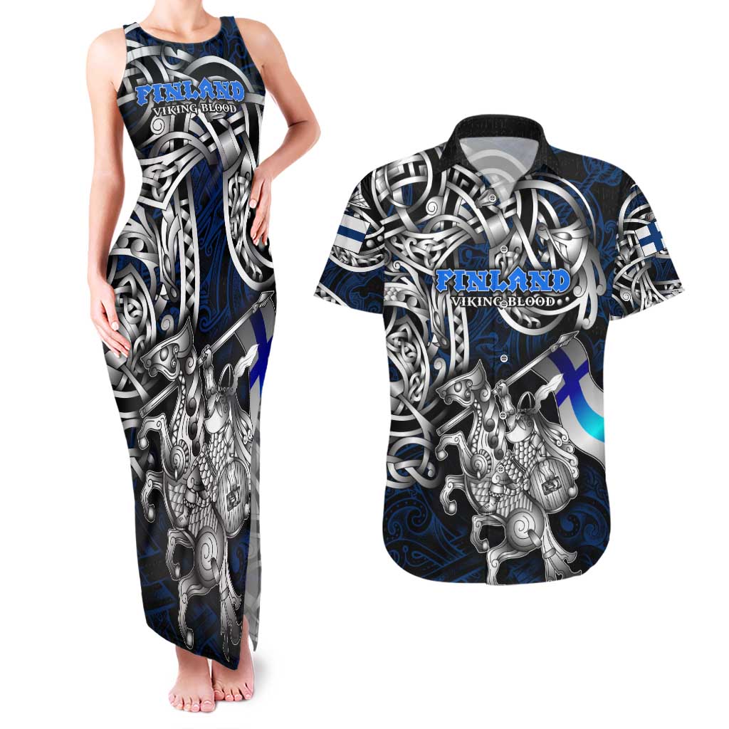 Personalized Finland Viking Blood Couples Matching Tank Maxi Dress and Hawaiian Shirt Nordic Runes and Shield of Ancestry in Tribal Knotwork