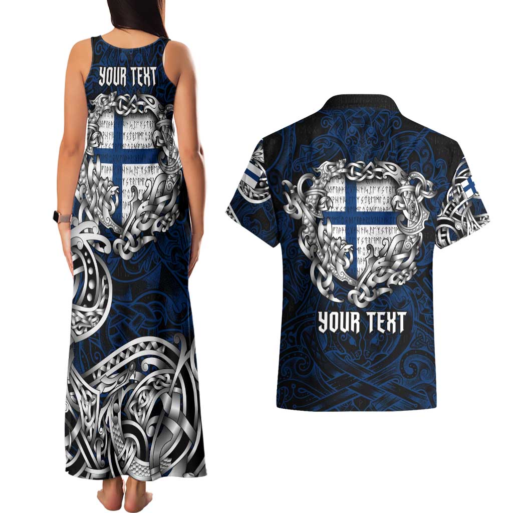 Personalized Finland Viking Blood Couples Matching Tank Maxi Dress and Hawaiian Shirt Nordic Runes and Shield of Ancestry in Tribal Knotwork