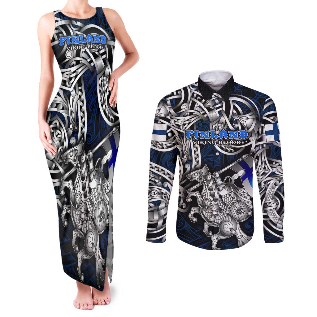 Personalized Finland Viking Blood Couples Matching Tank Maxi Dress and Long Sleeve Button Shirt Nordic Runes and Shield of Ancestry in Tribal Knotwork