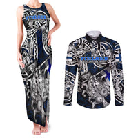 Personalized Finland Viking Blood Couples Matching Tank Maxi Dress and Long Sleeve Button Shirt Nordic Runes and Shield of Ancestry in Tribal Knotwork