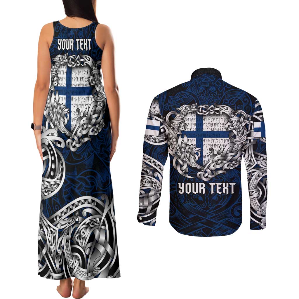 Personalized Finland Viking Blood Couples Matching Tank Maxi Dress and Long Sleeve Button Shirt Nordic Runes and Shield of Ancestry in Tribal Knotwork