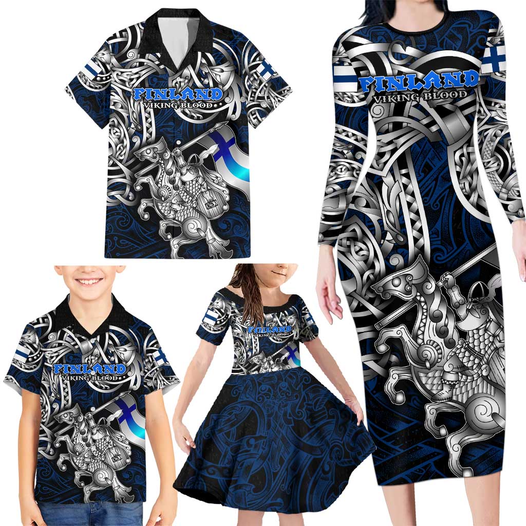 Personalized Finland Viking Blood Family Matching Long Sleeve Bodycon Dress and Hawaiian Shirt Nordic Runes and Shield of Ancestry in Tribal Knotwork